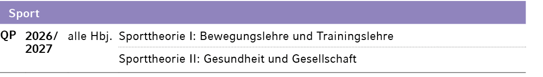 Sport,QP,2026 / 2027,alle Hbj.,Sporttheorie I: Bewegungslehre und Trainingslehre ,,,Sporttheorie II: Gesundheit und G...